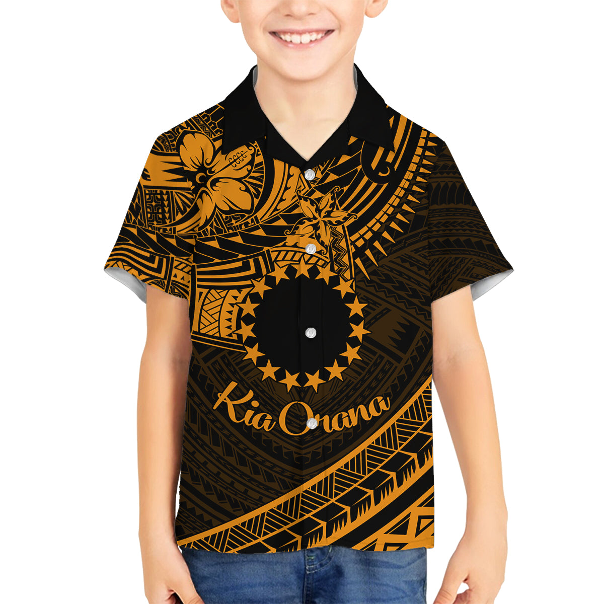 Kia Orana Cook Islands Family Matching Tank Maxi Dress and Hawaiian Shirt Circle Stars With Floral Gold Pattern LT01 Son's Shirt Gold - Polynesian Pride