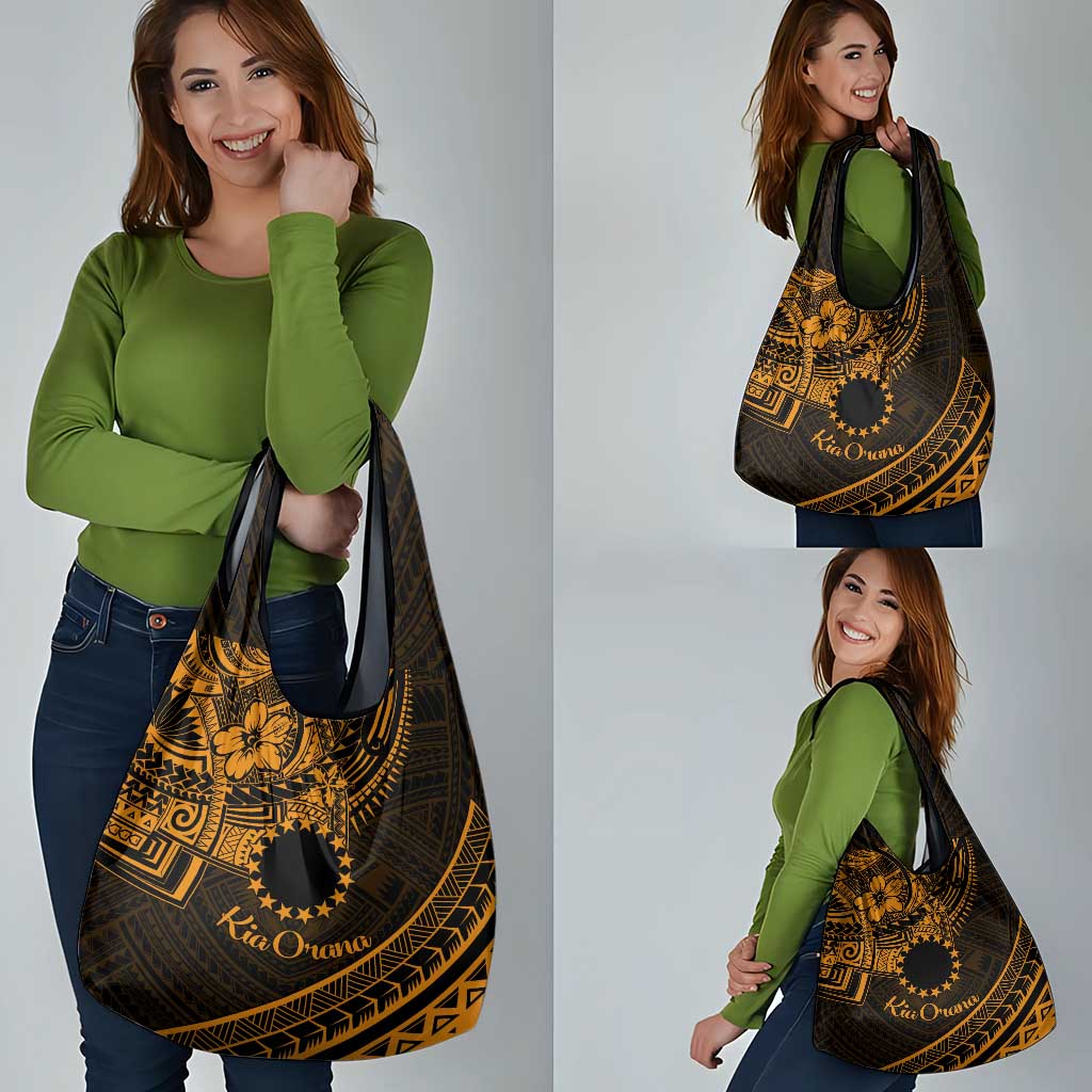 Kia Orana Cook Islands Grocery Bag Circle Stars With Floral Gold Pattern