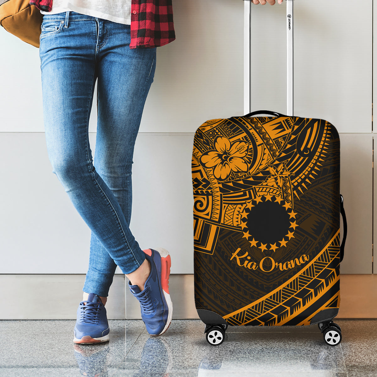 Kia Orana Cook Islands Luggage Cover Circle Stars With Floral Gold Pattern LT01 - Polynesian Pride
