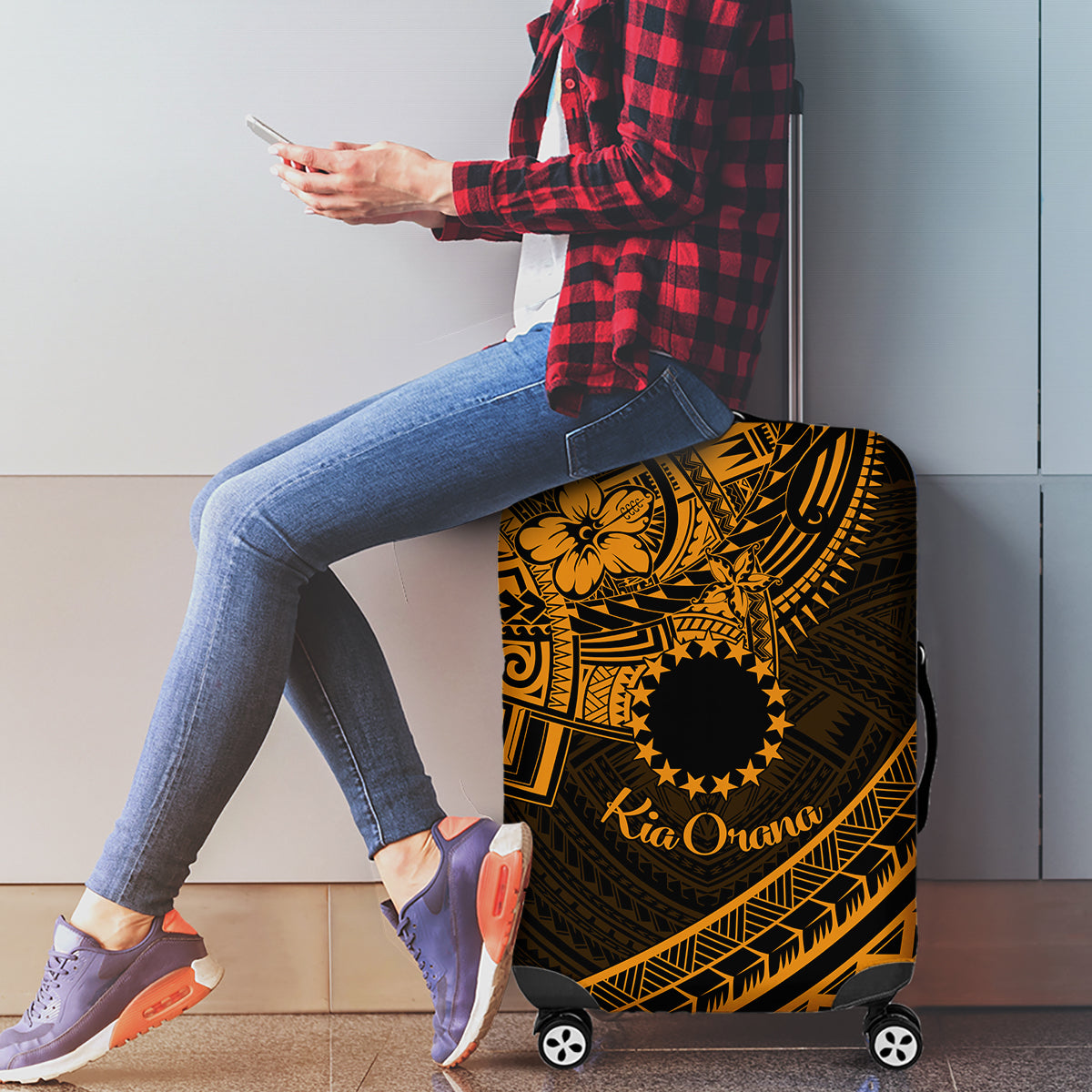 Kia Orana Cook Islands Luggage Cover Circle Stars With Floral Gold Pattern LT01 - Polynesian Pride