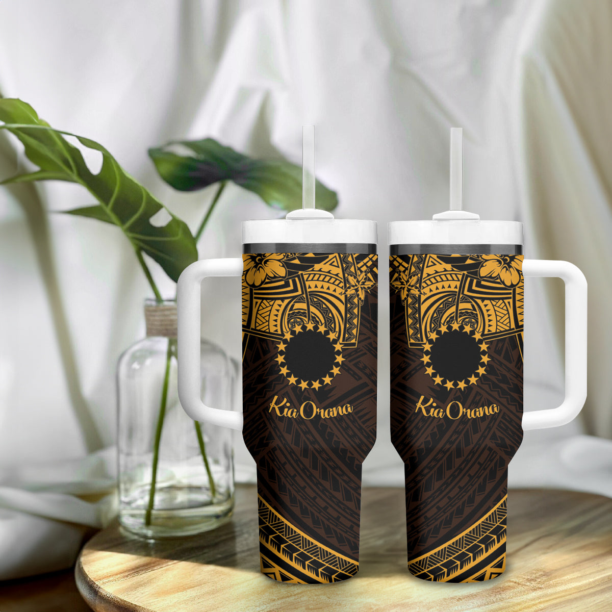 Kia Orana Cook Islands Tumbler With Handle Circle Stars With Floral Gold Pattern