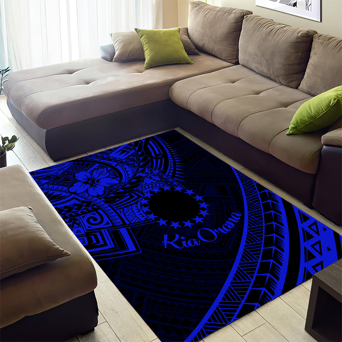 Kia Orana Cook Islands Area Rug Circle Stars With Floral Navy Blue Pattern LT01 - Polynesian Pride