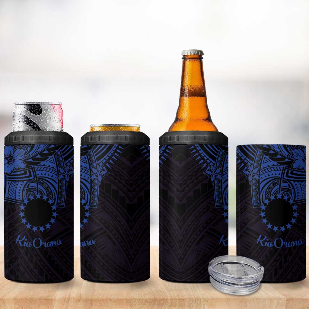 Kia Orana Cook Islands 4 in 1 Can Cooler Tumbler Circle Stars With Floral Navy Blue Pattern