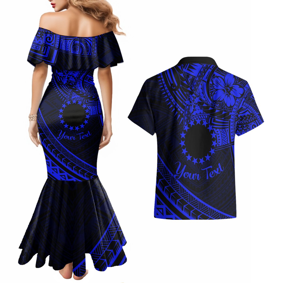 Kia Orana Cook Islands Couples Matching Mermaid Dress and Hawaiian Shirt Circle Stars With Floral Navy Blue Pattern LT01 - Polynesian Pride