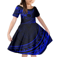 Kia Orana Cook Islands Family Matching Off Shoulder Long Sleeve Dress and Hawaiian Shirt Circle Stars With Floral Navy Blue Pattern LT01 Daughter's Dress Blue - Polynesian Pride