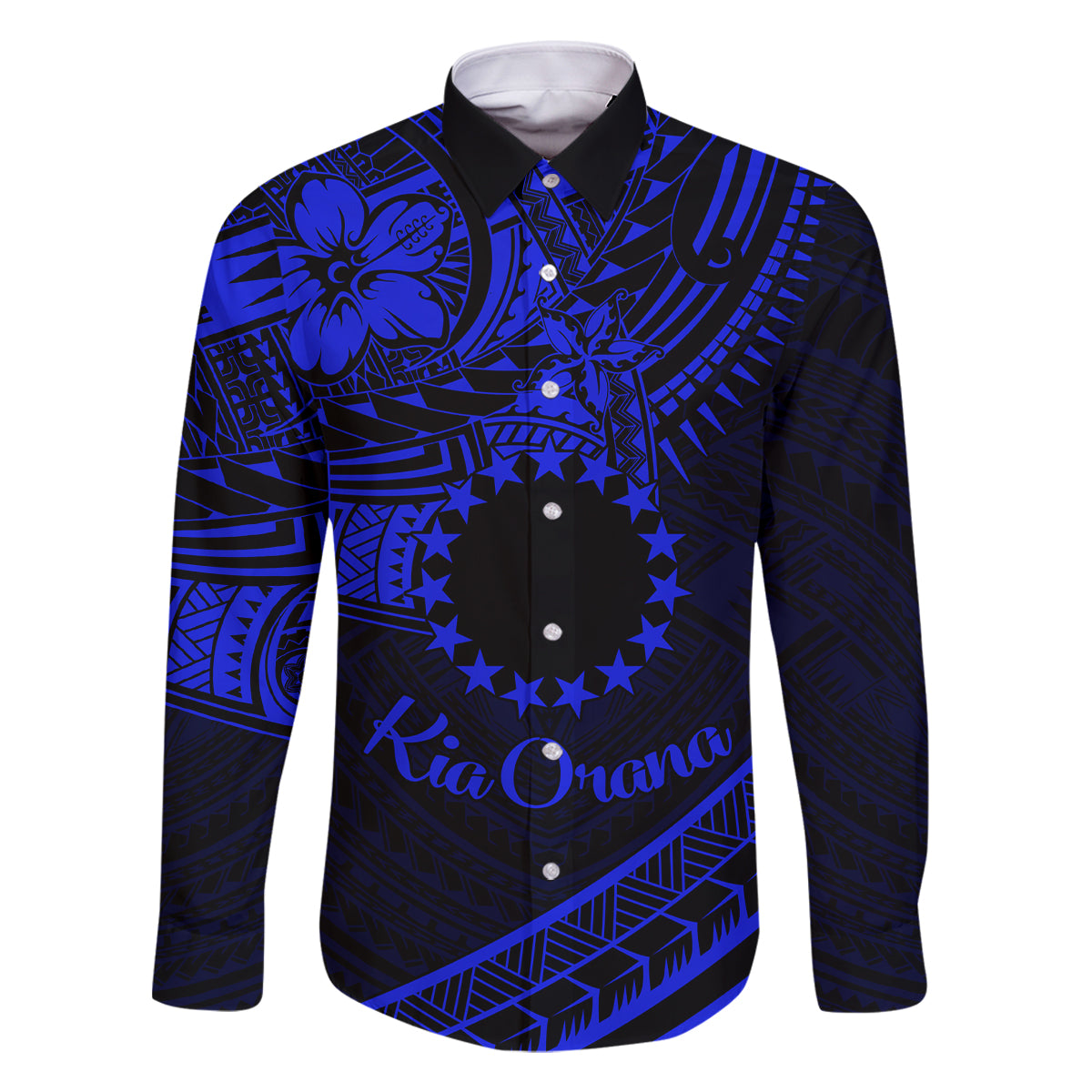Kia Orana Cook Islands Family Matching Off Shoulder Short Dress and Hawaiian Shirt Circle Stars With Floral Navy Blue Pattern LT01 Dad's Shirt - Long Sleeve Blue - Polynesian Pride