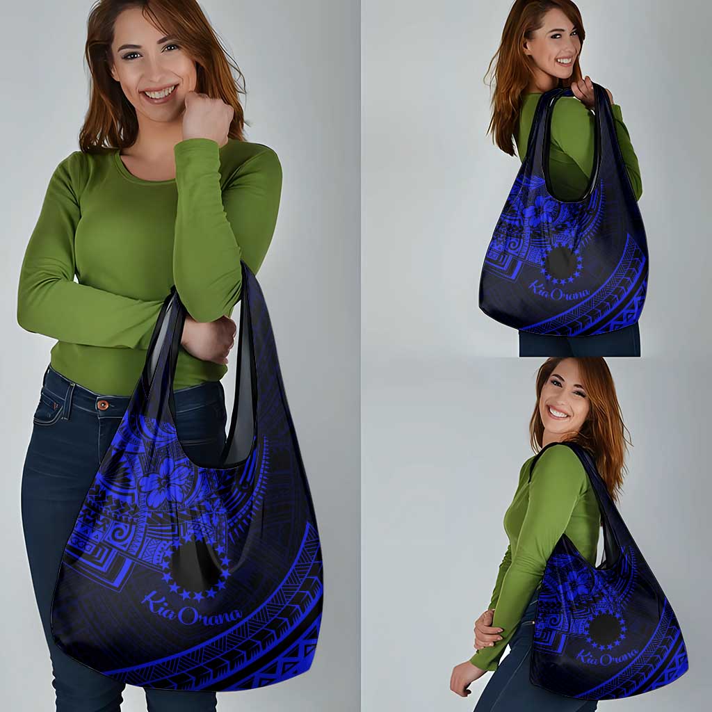 Kia Orana Cook Islands Grocery Bag Circle Stars With Floral Navy Blue Pattern
