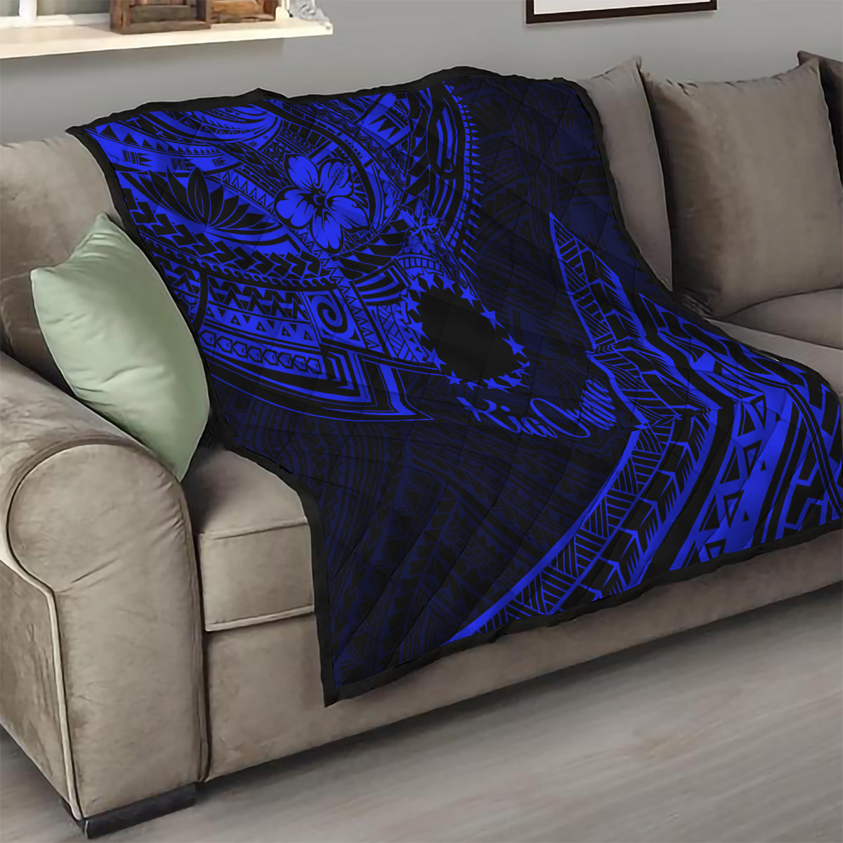 Kia Orana Cook Islands Quilt Circle Stars With Floral Navy Blue Pattern LT01 - Polynesian Pride
