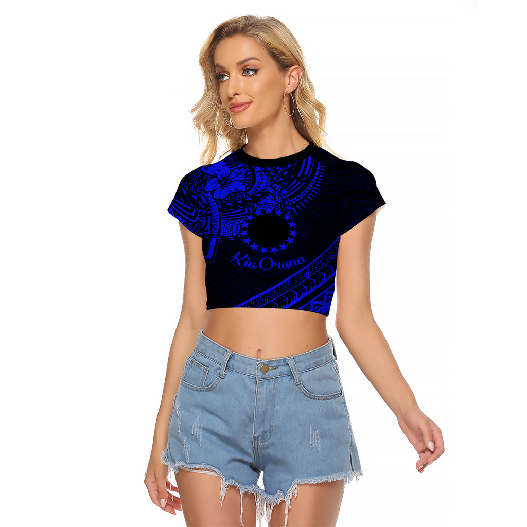 Kia Orana Cook Islands Raglan Cropped T Shirt Circle Stars With Floral Navy Blue Pattern LT01 Female Blue - Polynesian Pride