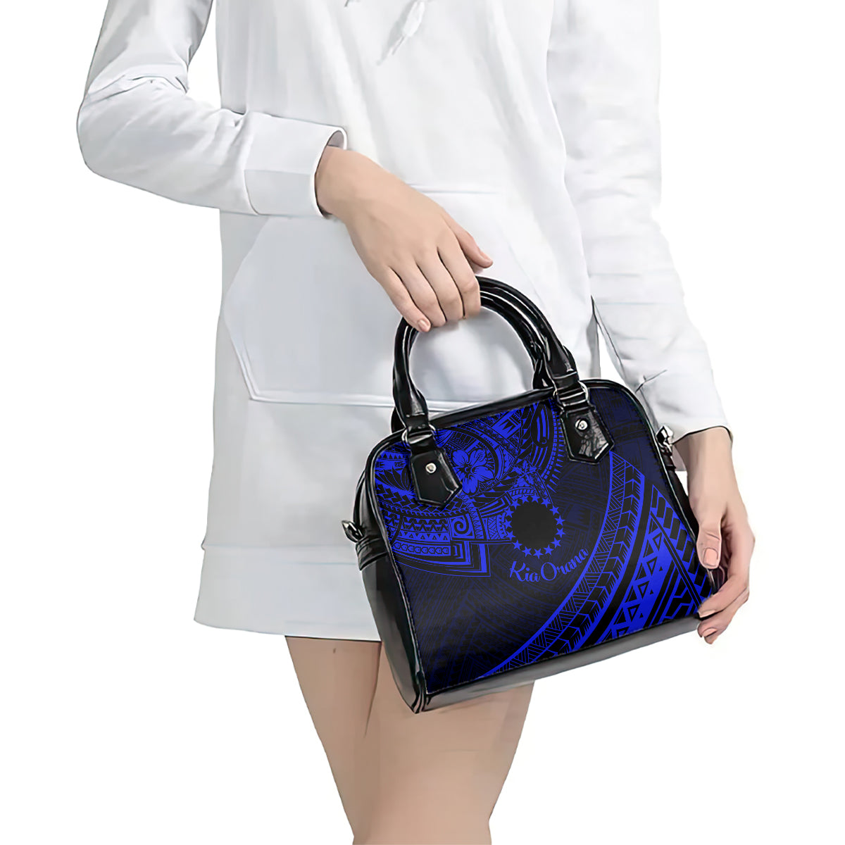 Kia Orana Cook Islands Shoulder Handbag Circle Stars With Floral Navy Blue Pattern LT01 - Polynesian Pride