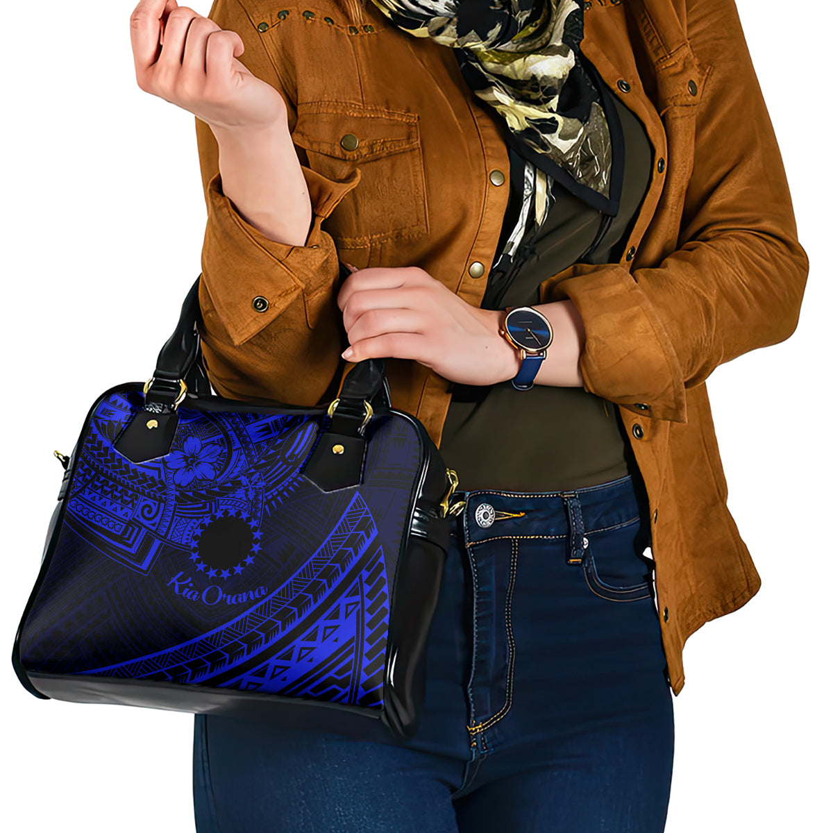 Kia Orana Cook Islands Shoulder Handbag Circle Stars With Floral Navy Blue Pattern LT01 - Polynesian Pride