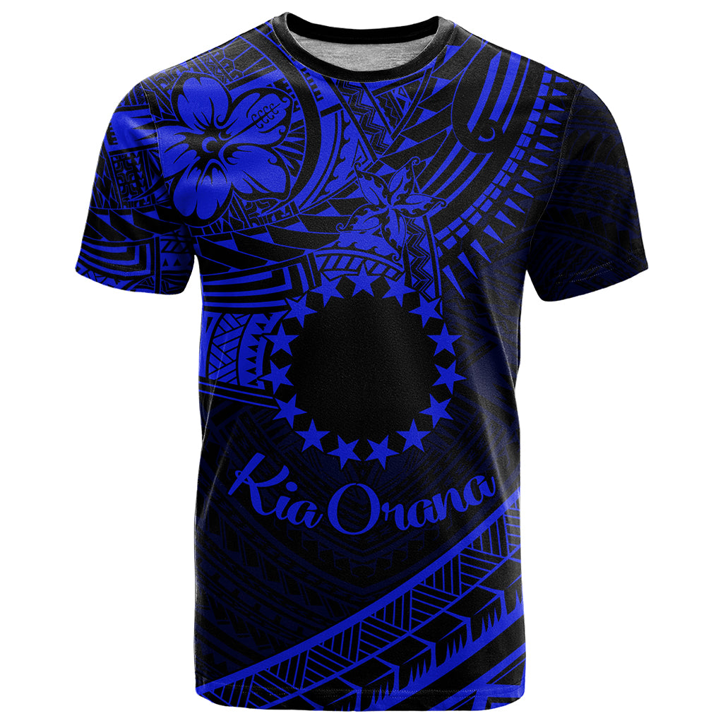 Kia Orana Cook Islands T Shirt Circle Stars With Floral Navy Blue Pattern LT01 Blue - Polynesian Pride