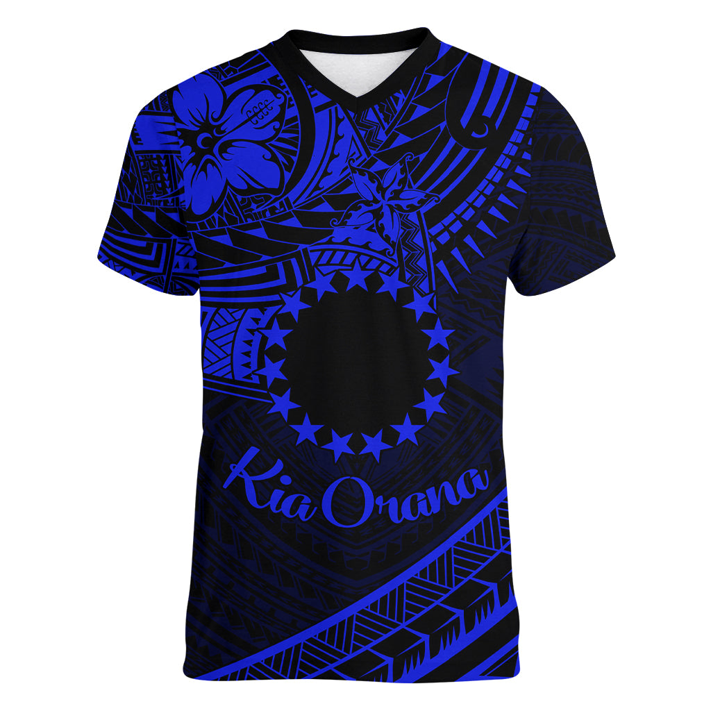 Kia Orana Cook Islands Women V Neck T Shirt Circle Stars With Floral Navy Blue Pattern LT01 Female Blue - Polynesian Pride