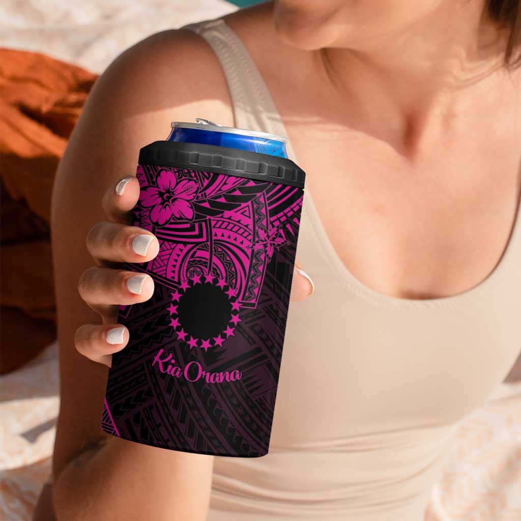 Kia Orana Cook Islands 4 in 1 Can Cooler Tumbler Circle Stars With Floral Pink Pattern