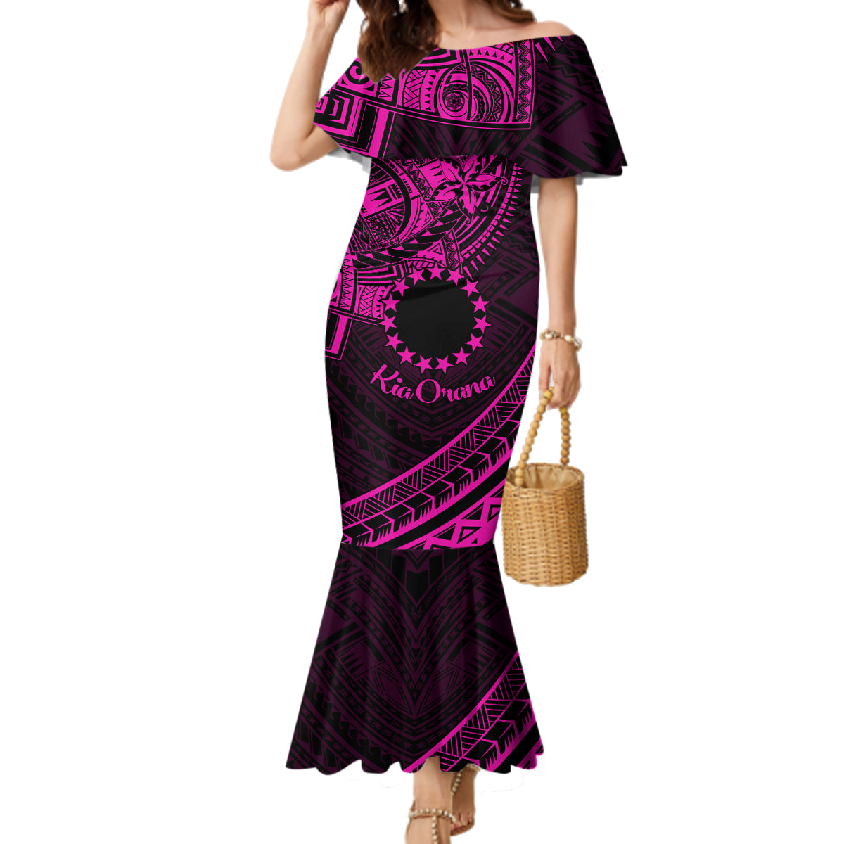 Kia Orana Cook Islands Family Matching Mermaid Dress and Hawaiian Shirt Circle Stars With Floral Pink Pattern LT01 Mom's Dress Pink - Polynesian Pride