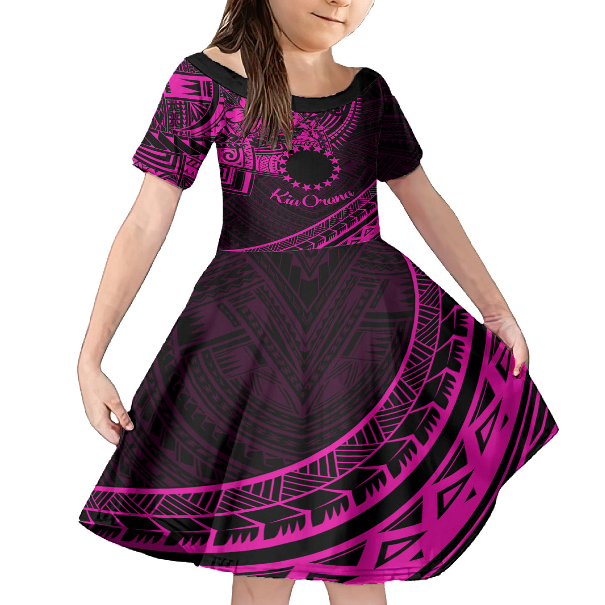 Kia Orana Cook Islands Family Matching Off Shoulder Long Sleeve Dress and Hawaiian Shirt Circle Stars With Floral Pink Pattern LT01 Daughter's Dress Pink - Polynesian Pride