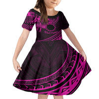 Kia Orana Cook Islands Family Matching Off Shoulder Long Sleeve Dress and Hawaiian Shirt Circle Stars With Floral Pink Pattern LT01 Daughter's Dress Pink - Polynesian Pride