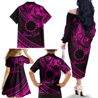 Kia Orana Cook Islands Family Matching Off Shoulder Long Sleeve Dress and Hawaiian Shirt Circle Stars With Floral Pink Pattern LT01 - Polynesian Pride