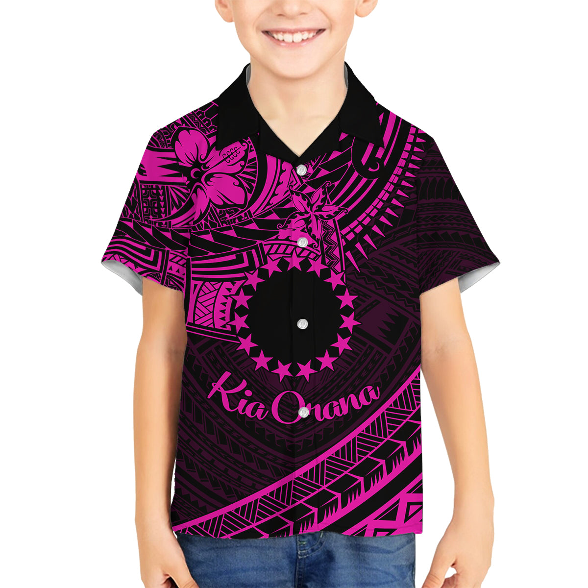 Kia Orana Cook Islands Family Matching Puletasi Dress and Hawaiian Shirt Circle Stars With Floral Pink Pattern LT01 Son's Shirt Pink - Polynesian Pride