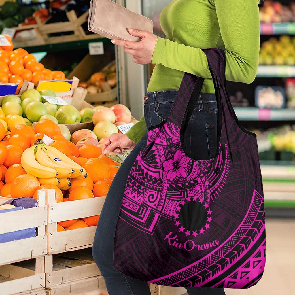 Kia Orana Cook Islands Grocery Bag Circle Stars With Floral Pink Pattern