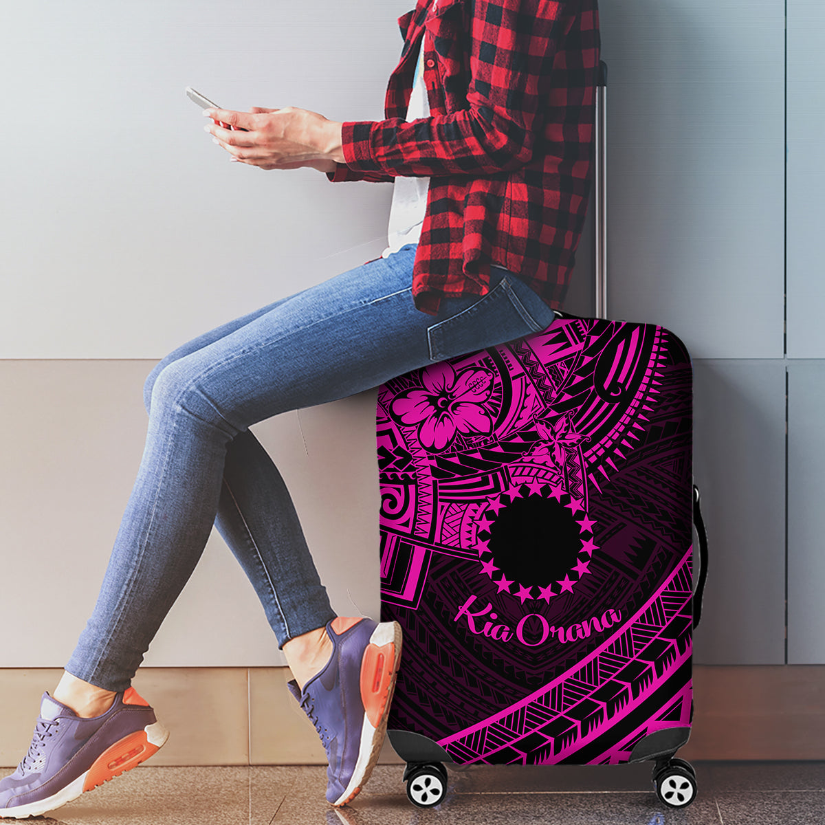 Kia Orana Cook Islands Luggage Cover Circle Stars With Floral Pink Pattern LT01 - Polynesian Pride