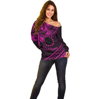 Kia Orana Cook Islands Off Shoulder Sweater Circle Stars With Floral Pink Pattern LT01 - Polynesian Pride