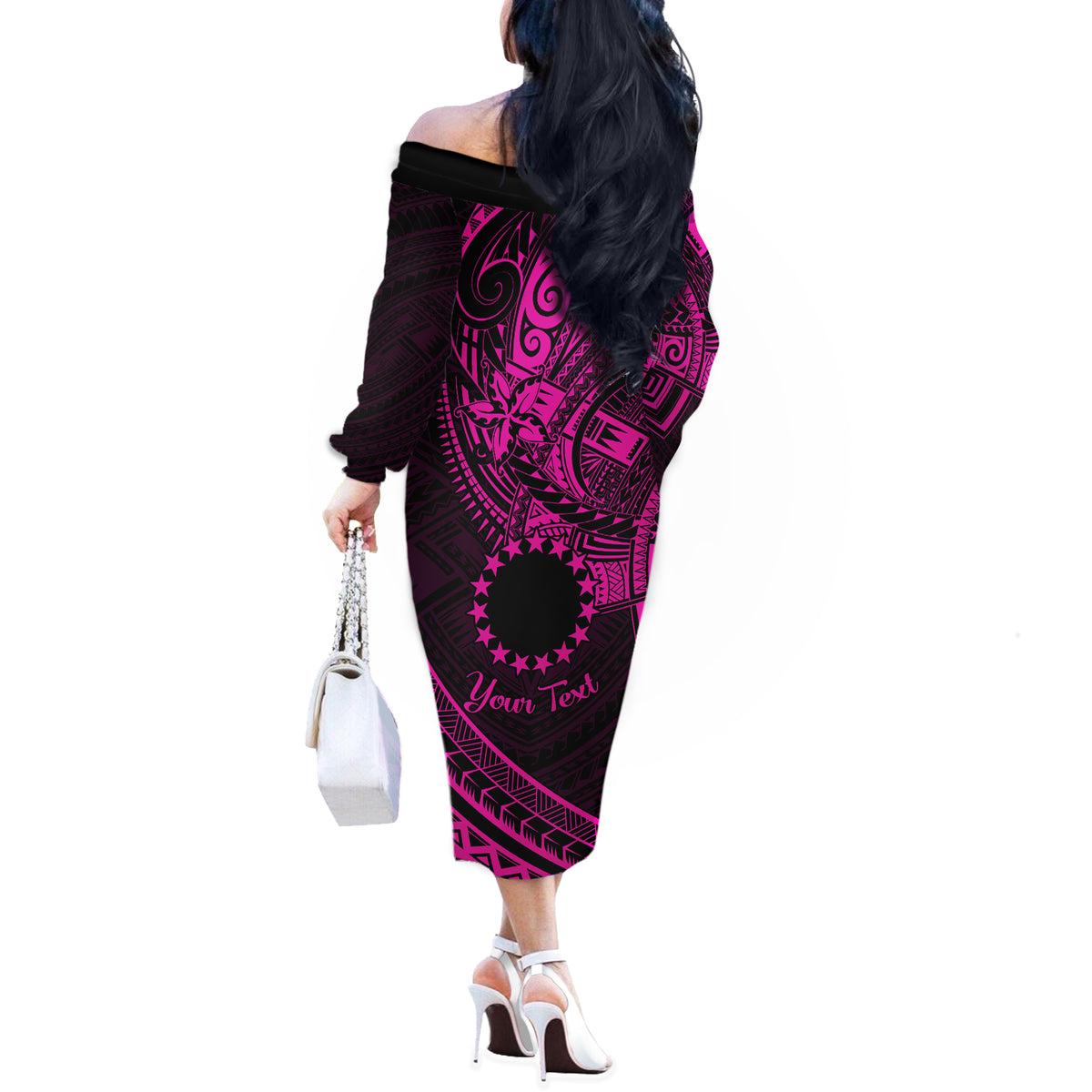 Kia Orana Cook Islands Off The Shoulder Long Sleeve Dress Circle Stars With Floral Pink Pattern LT01 - Polynesian Pride
