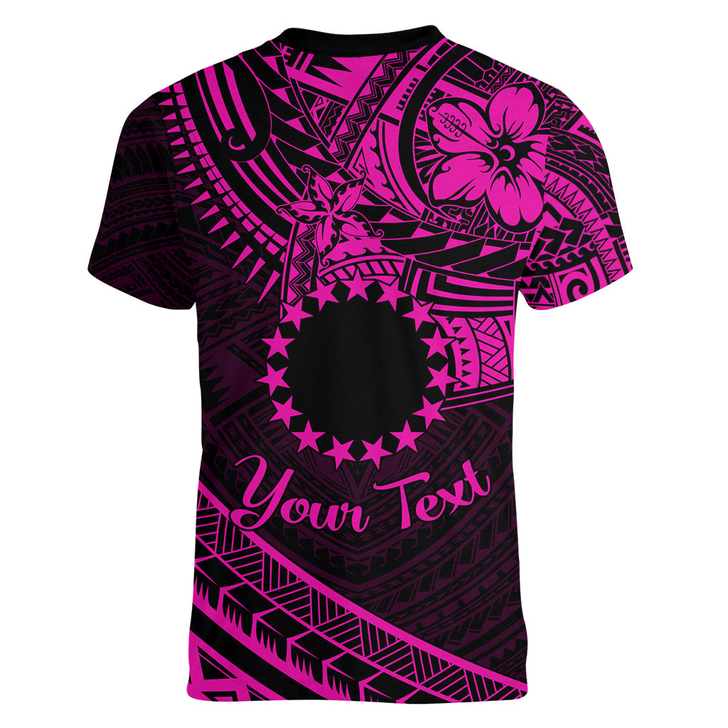 Kia Orana Cook Islands Women V Neck T Shirt Circle Stars With Floral Pink Pattern LT01 - Polynesian Pride