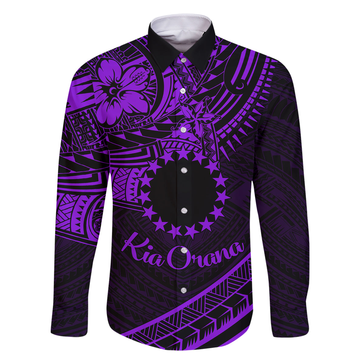 Kia Orana Cook Islands Family Matching Mermaid Dress and Hawaiian Shirt Circle Stars With Floral Purple Pattern LT01 Dad's Shirt - Long Sleeve Purple - Polynesian Pride