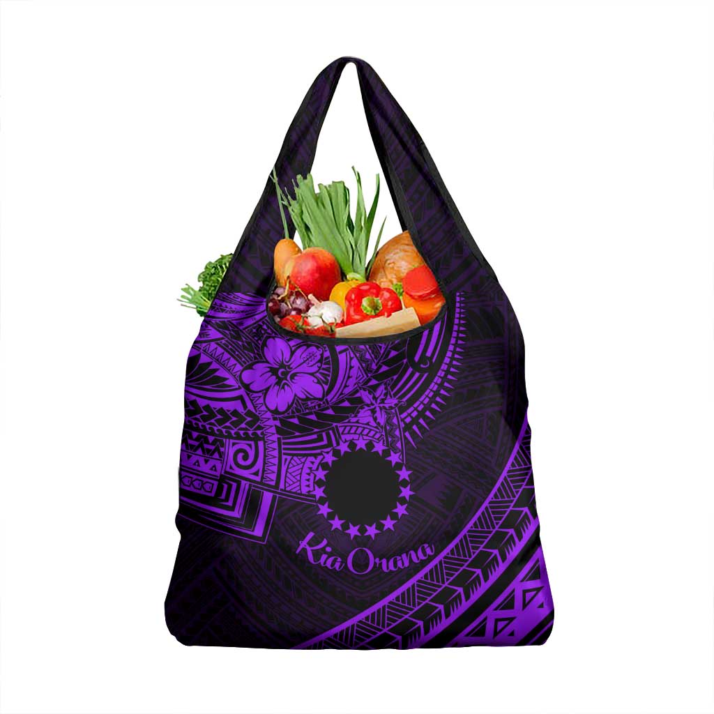 Kia Orana Cook Islands Grocery Bag Circle Stars With Floral Purple Pattern