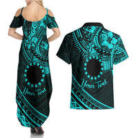 Kia Orana Cook Islands Couples Matching Summer Maxi Dress and Hawaiian Shirt Circle Stars With Floral Turquoise Pattern LT01 - Polynesian Pride