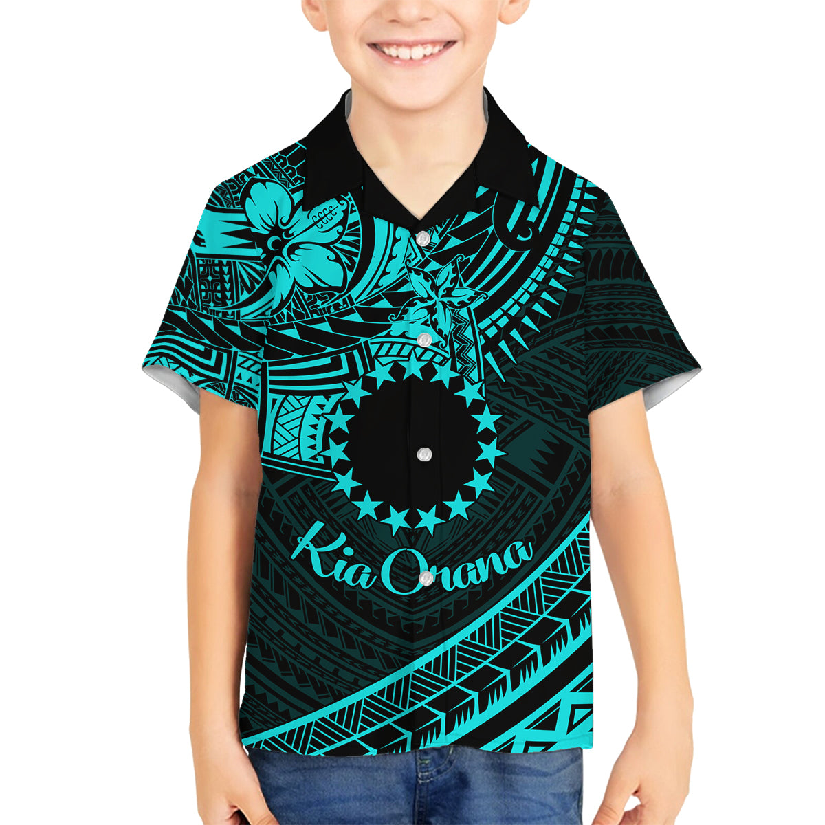 Kia Orana Cook Islands Family Matching Off Shoulder Long Sleeve Dress and Hawaiian Shirt Circle Stars With Floral Turquoise Pattern LT01 Son's Shirt Turquoise - Polynesian Pride