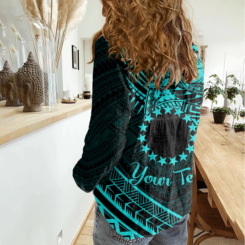 Kia Orana Cook Islands Women Casual Shirt Circle Stars With Floral Turquoise Pattern LT01 - Polynesian Pride