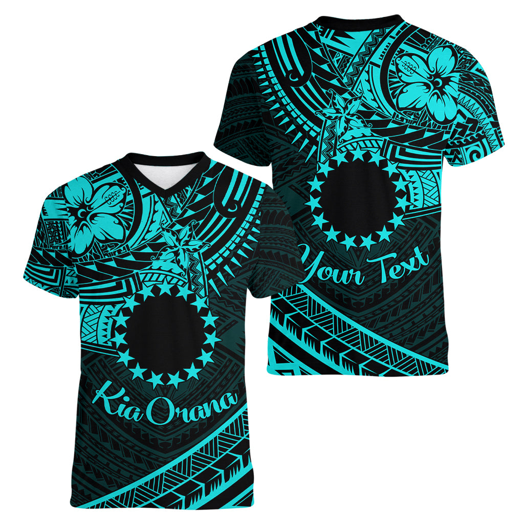 Kia Orana Cook Islands Women V Neck T Shirt Circle Stars With Floral Turquoise Pattern LT01 - Polynesian Pride