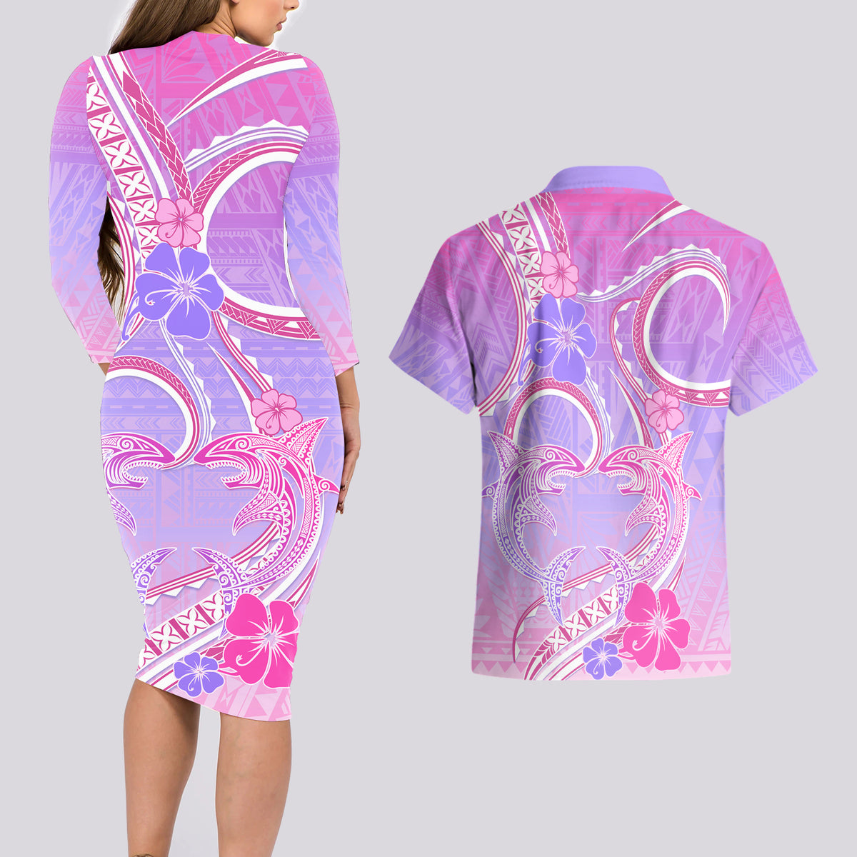 Polynesian Shark Valentine Couples Matching Long Sleeve Bodycon Dress and Hawaiian Shirt Sweet Unique Version LT01 - Polynesian Pride