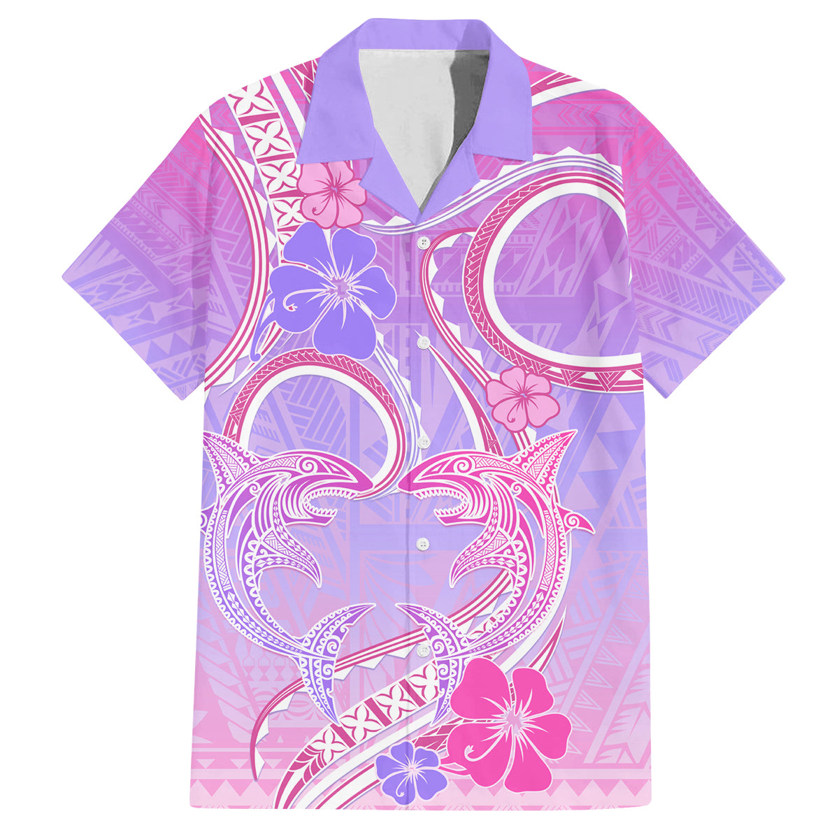Polynesian Shark Valentine Family Matching Off Shoulder Long Sleeve Dress and Hawaiian Shirt Sweet Unique Version LT01 Dad's Shirt - Short Sleeve Pink - Polynesian Pride