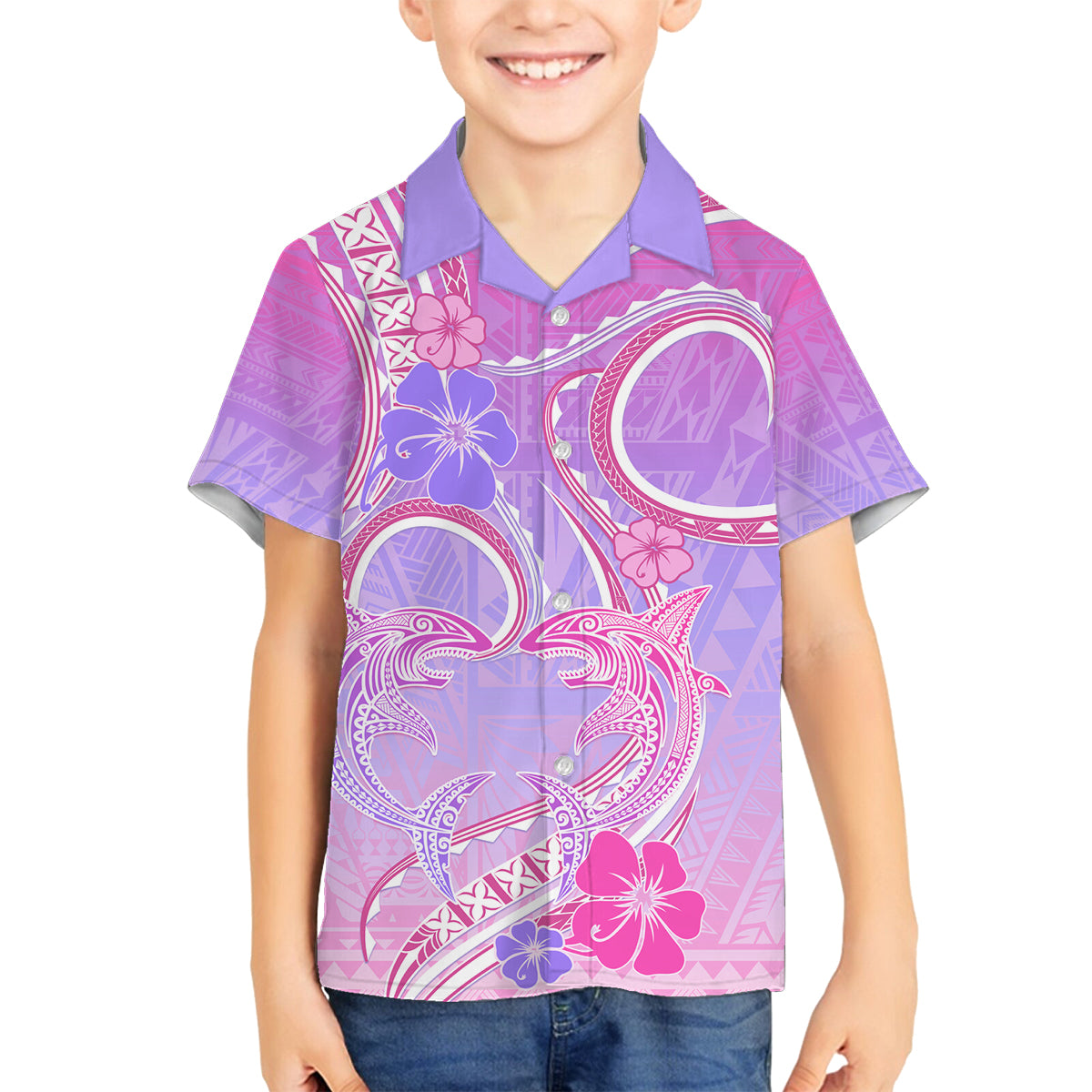 Polynesian Shark Valentine Family Matching Off Shoulder Long Sleeve Dress and Hawaiian Shirt Sweet Unique Version LT01 Son's Shirt Pink - Polynesian Pride