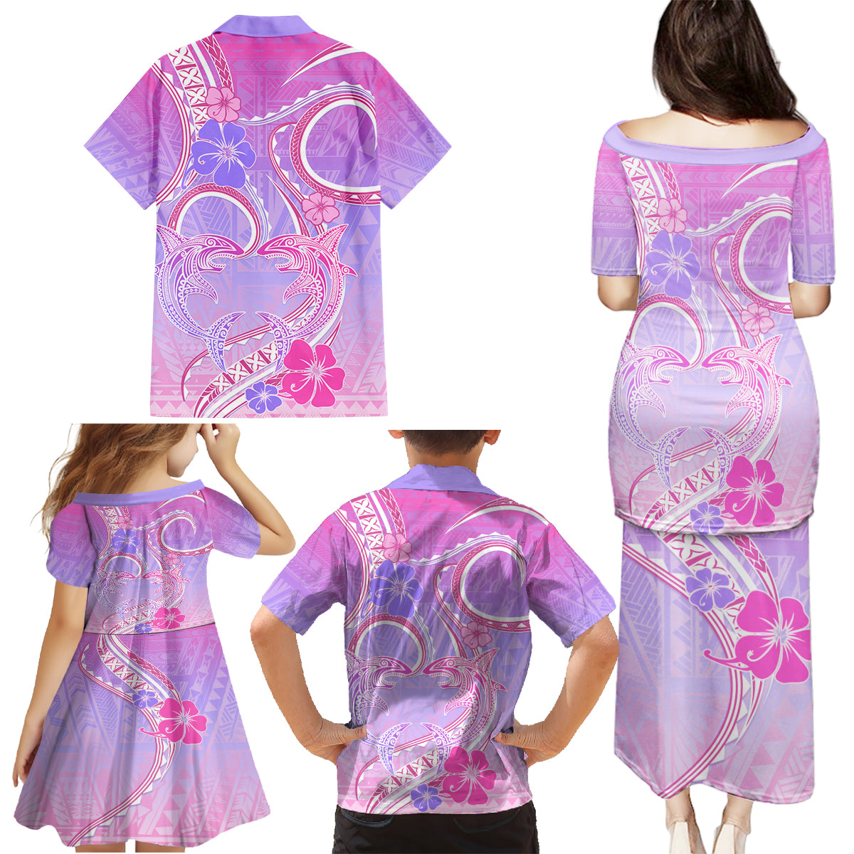 Polynesian Shark Valentine Family Matching Puletasi and Hawaiian Shirt Sweet Unique Version LT01 - Polynesian Pride