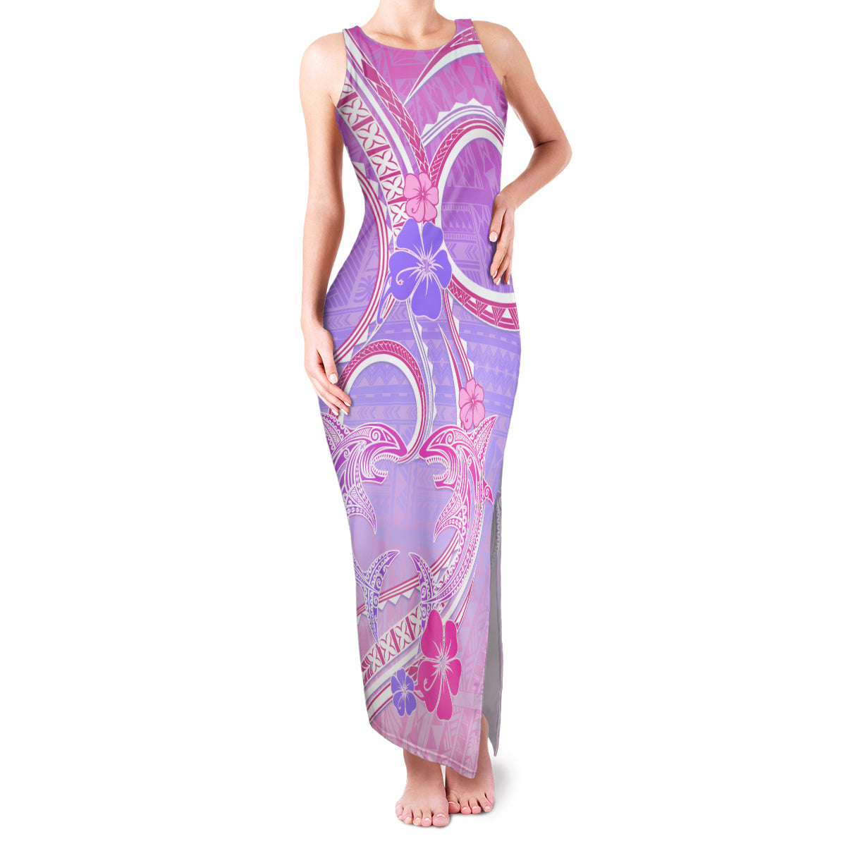 Polynesian Shark Valentine Family Matching Tank Maxi Dress and Hawaiian Shirt Sweet Unique Version LT01 Mom's Dress Pink - Polynesian Pride