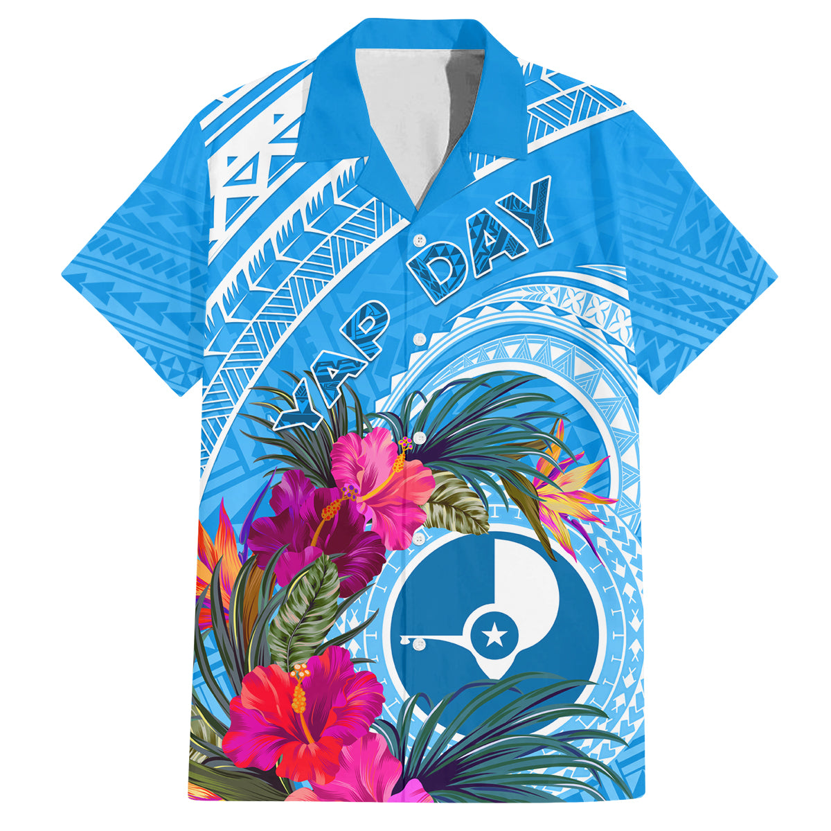 Yap Day Family Matching Puletasi and Hawaiian Shirt Nam nu Waqab Tropical Flower LT01 Dad's Shirt - Short Sleeve Blue - Polynesian Pride