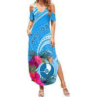 Yap Day Family Matching Summer Maxi Dress and Hawaiian Shirt Nam nu Waqab Tropical Flower LT01 Mom's Dress Blue - Polynesian Pride
