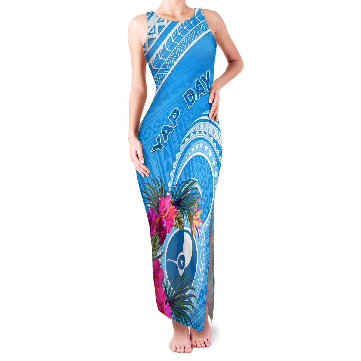 Yap Day Family Matching Tank Maxi Dress and Hawaiian Shirt Nam nu Waqab Tropical Flower LT01 Mom's Dress Blue - Polynesian Pride
