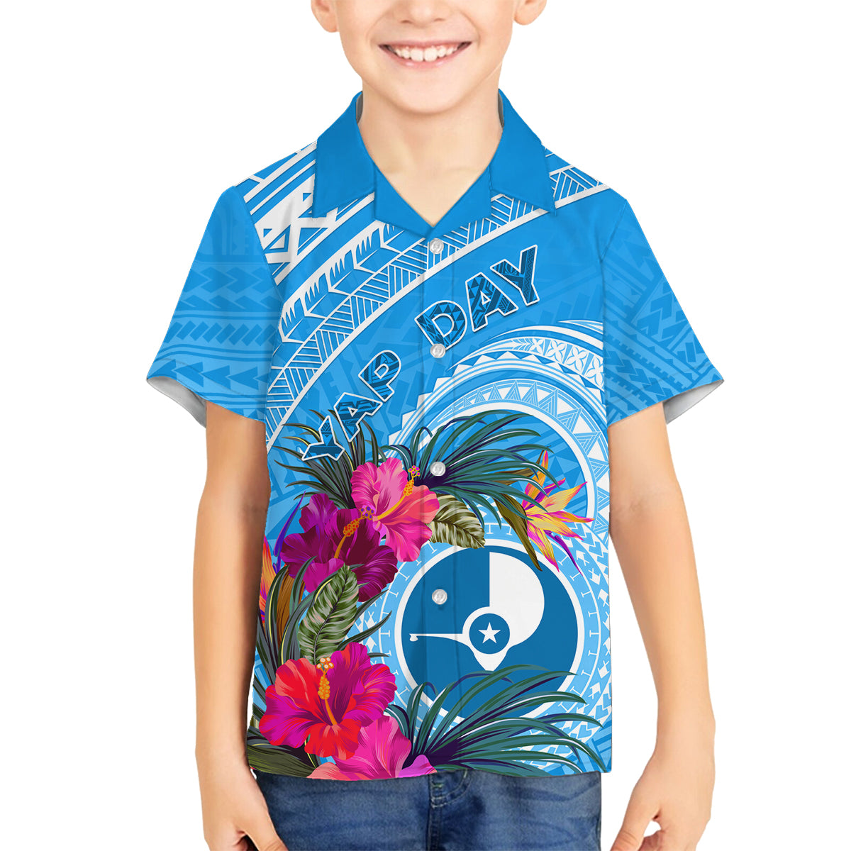 Yap Day Family Matching Tank Maxi Dress and Hawaiian Shirt Nam nu Waqab Tropical Flower LT01 Son's Shirt Blue - Polynesian Pride