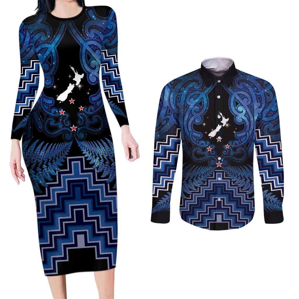 Personalised Aotearoa Matariki Couples Matching Long Sleeve Bodycon Dress and Long Sleeve Button Shirt Blue Fern Maori Poutama LT01 Blue - Polynesian Pride