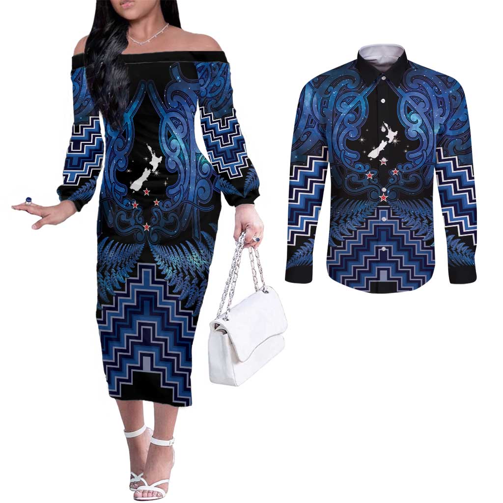 Personalised Aotearoa Matariki Couples Matching Off The Shoulder Long Sleeve Dress and Long Sleeve Button Shirt Blue Fern Maori Poutama LT01 Blue - Polynesian Pride