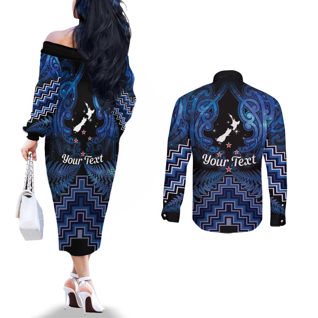Personalised Aotearoa Matariki Couples Matching Off The Shoulder Long Sleeve Dress and Long Sleeve Button Shirt Blue Fern Maori Poutama LT01 - Polynesian Pride