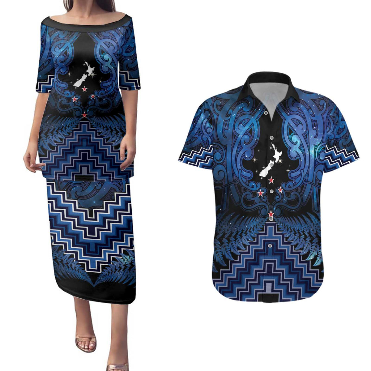 Personalised Aotearoa Matariki Couples Matching Puletasi and Hawaiian Shirt Blue Fern Maori Poutama