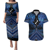 Personalised Aotearoa Matariki Couples Matching Puletasi and Hawaiian Shirt Blue Fern Maori Poutama
