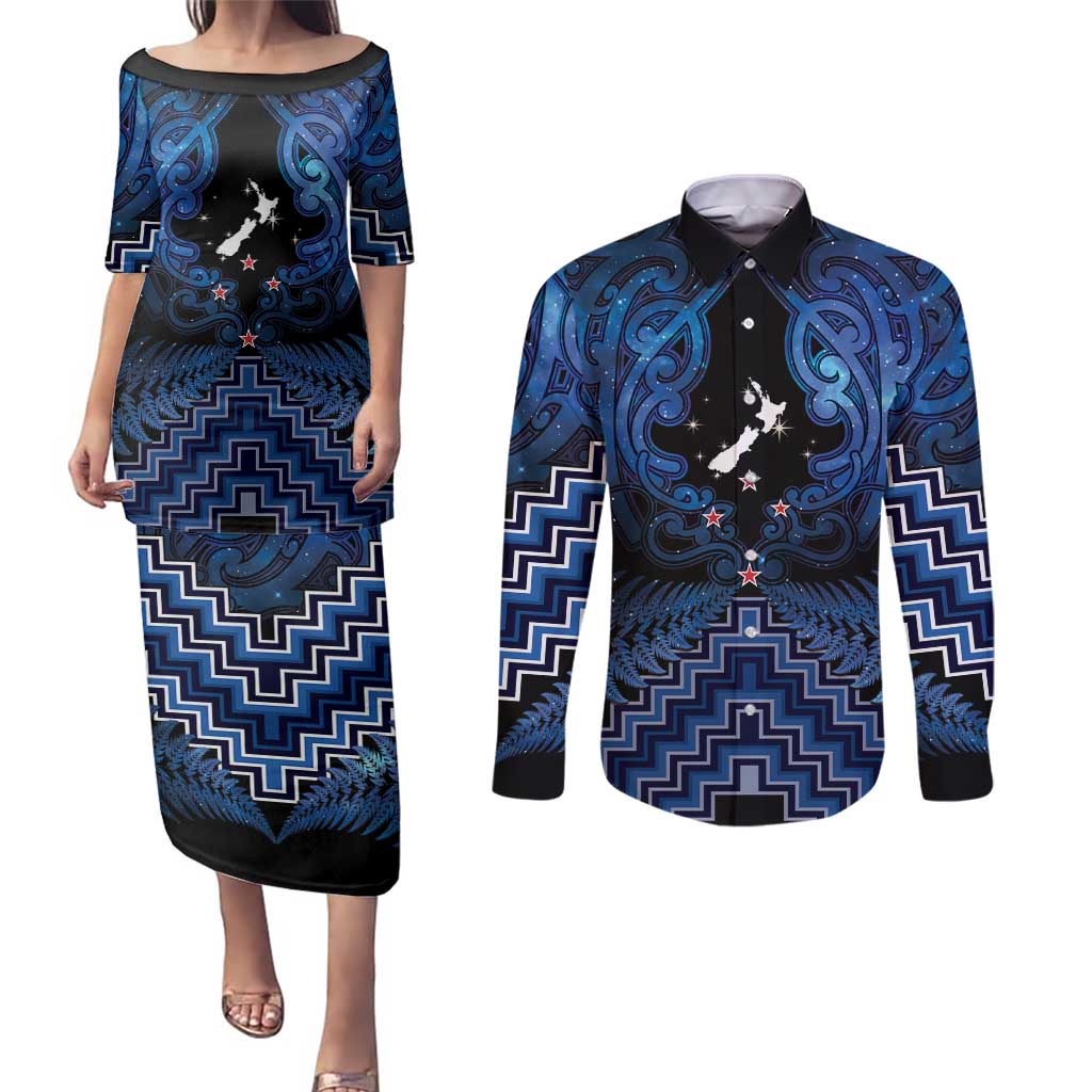 Personalised Aotearoa Matariki Couples Matching Puletasi and Long Sleeve Button Shirt Blue Fern Maori Poutama