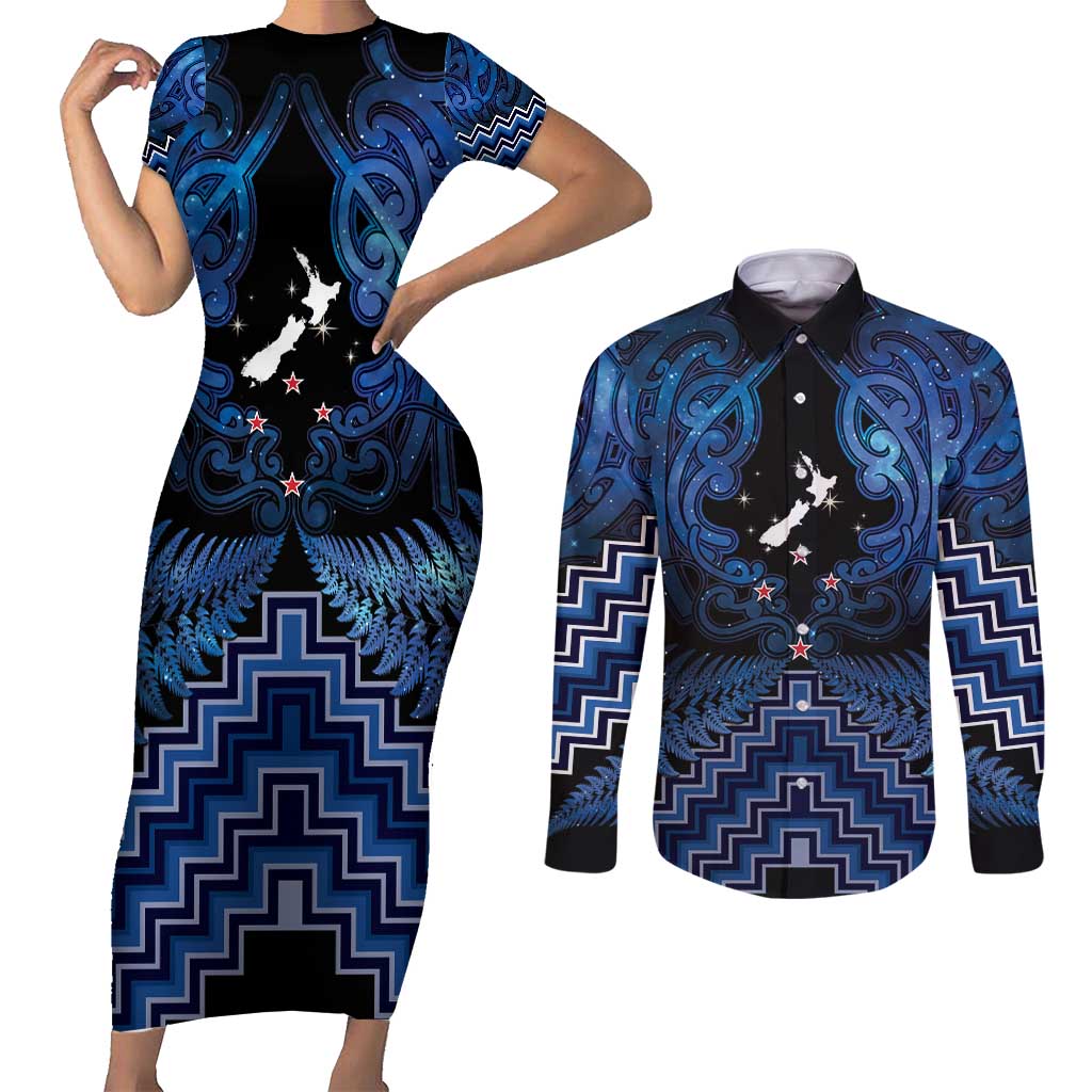 Personalised Aotearoa Matariki Couples Matching Short Sleeve Bodycon Dress and Long Sleeve Button Shirt Blue Fern Maori Poutama LT01 Blue - Polynesian Pride